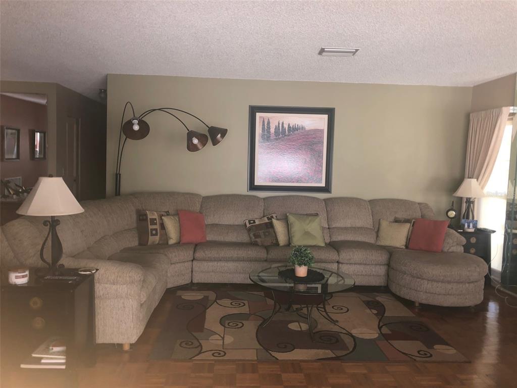 A living room features a large sectional sofa, a patterned area rug, and a floor lamp — 221 CEDARWOOD CIRCLE UNIT 221, SEMINOLE, FL