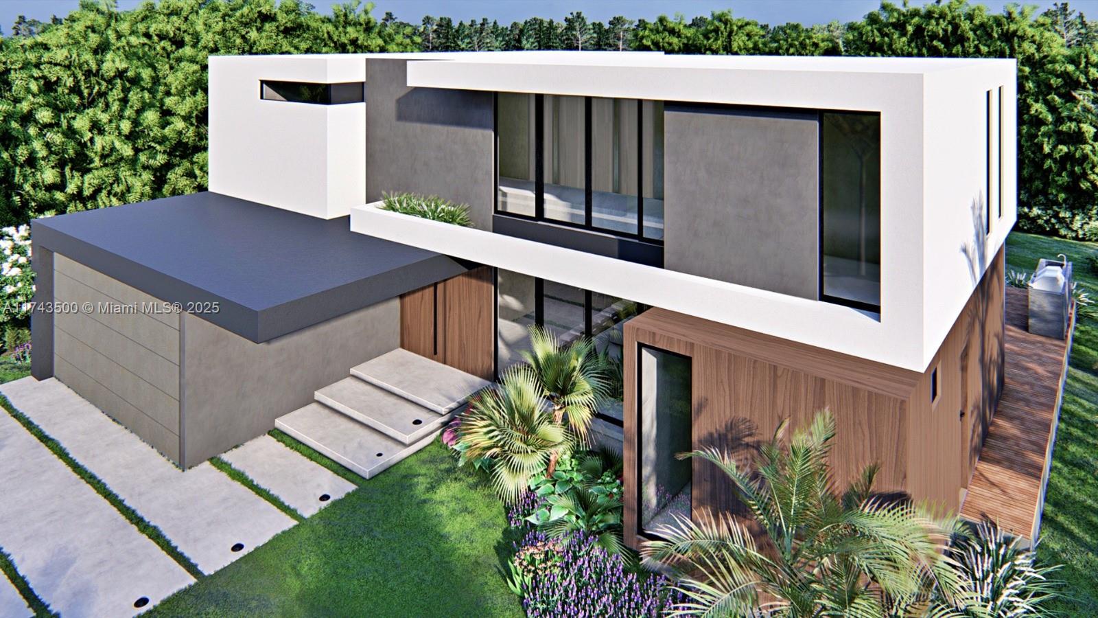 This is a rendering of a modern two-story house with concrete, wood, and glass exterior — 1409 Hollywood Blvd, Hollywood FL 33020, HOLLYWOOD, FL