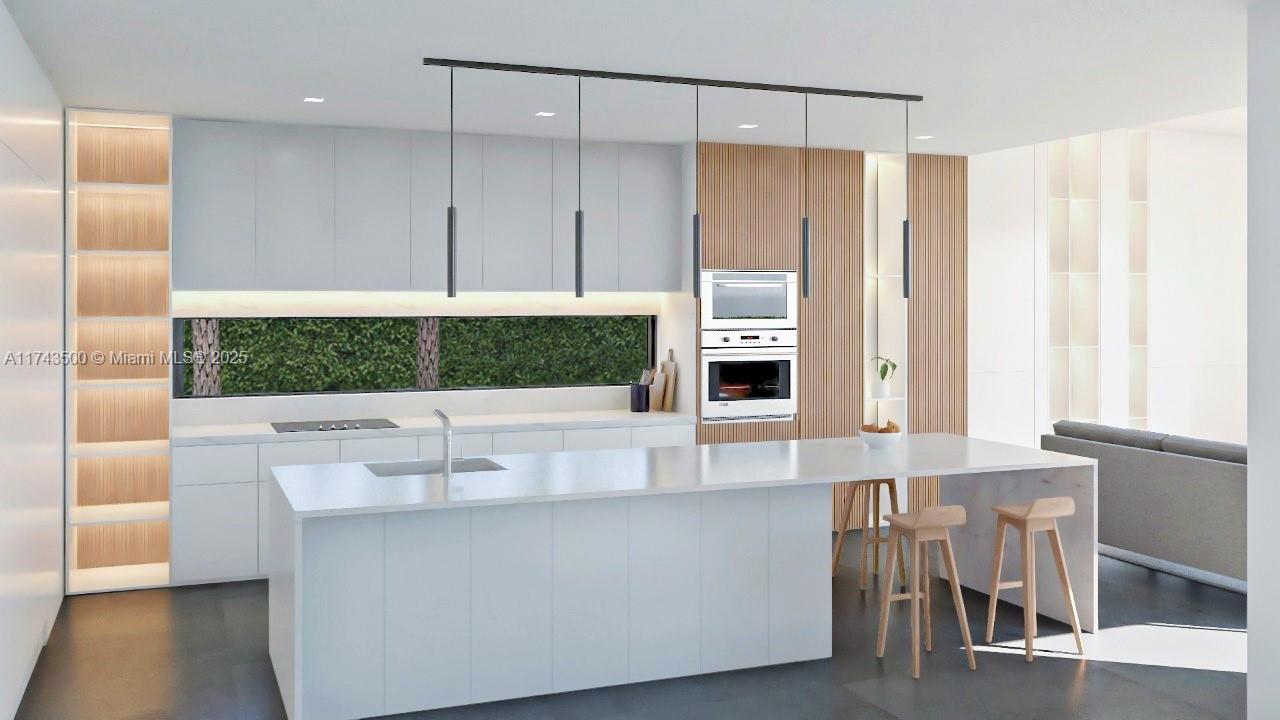 This is a rendering of a modern kitchen featuring white cabinetry, a central island, and wood-slatted accents — 1409 Hollywood Blvd, Hollywood FL 33020, HOLLYWOOD, FL