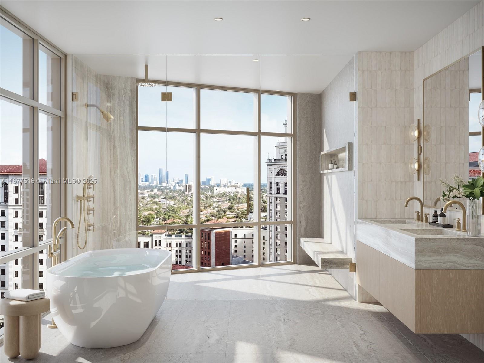 This rendering shows a modern bathroom with a freestanding tub, double vanity, and city views — 3000 Ponce De Leon Blvd # 405, Coral Gables FL 33134, CORAL GABLES, FL