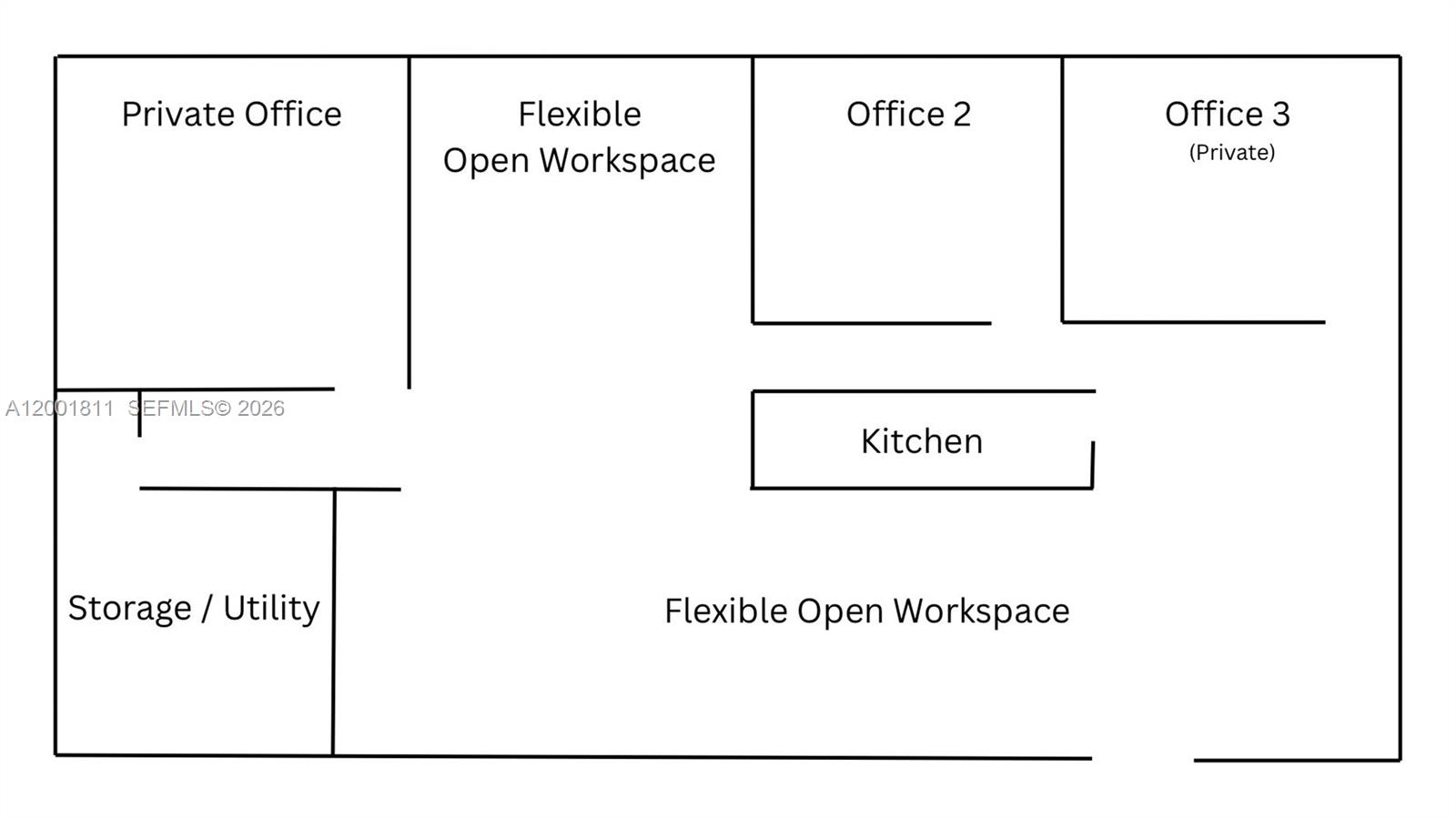 This is a floor plan showing a commercial office space with three private offices and a kitchen — 2600 SW 3rd Ave # 750, Miami FL 33129, MIAMI, FL