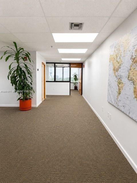 An office hallway features beige carpeting, a large potted plant, and a wall-mounted world map — 2600 SW 3rd Ave # 750, Miami FL 33129, MIAMI, FL