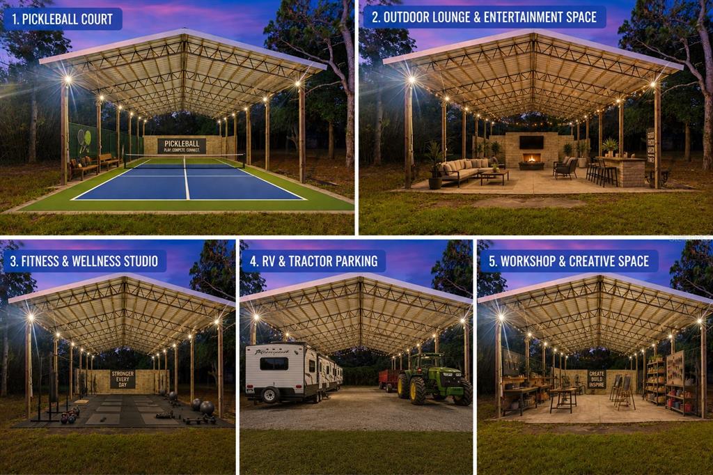 This composite image shows five different uses for a large, open-air metal-roofed pavilion structure — 17544 GALVESTON STREET, SPRING HILL, FL