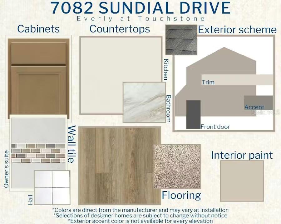 This design board displays material and color selections for home cabinetry, countertops, flooring, and exterior finishes — 7082 SUNDIAL DRIVE, LAKELAND, FL