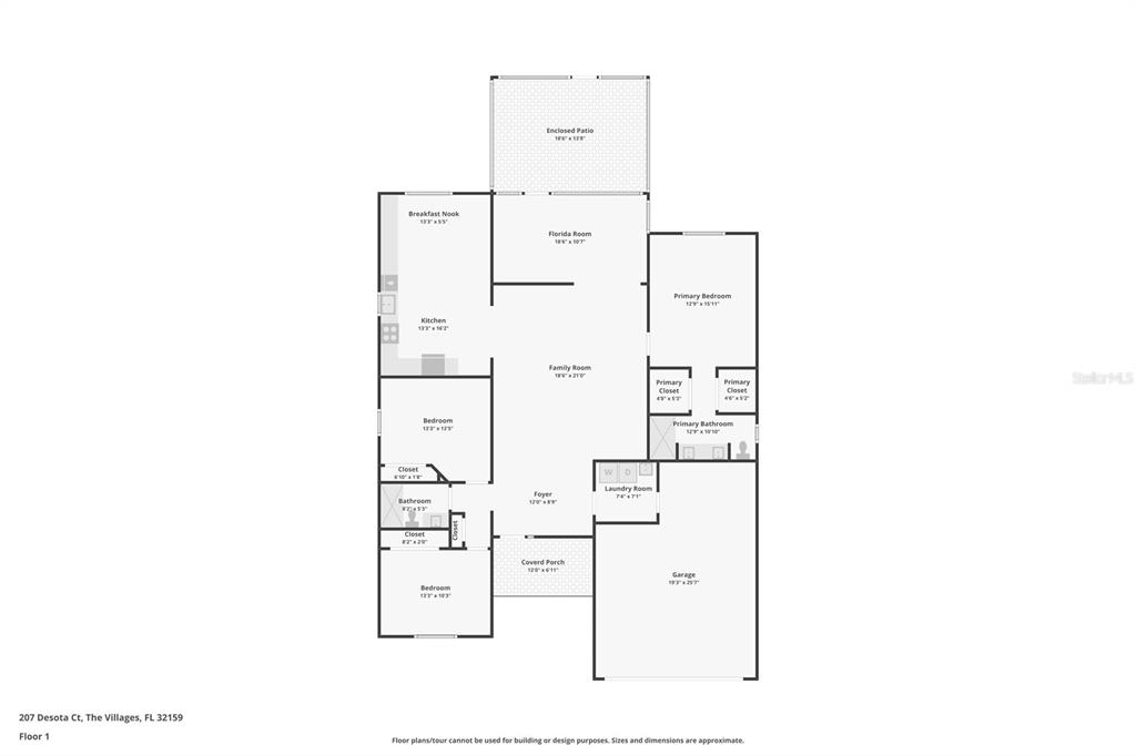 This is a floor plan for a single-story house with three bedrooms and a garage — 207 DESOTA COURT, THE VILLAGES, FL
