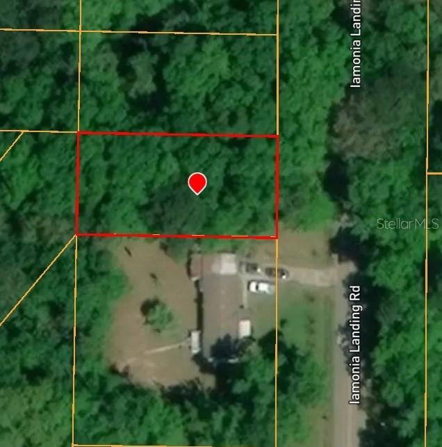 This is a satellite map view showing a wooded lot outlined in red — IAMONIA LANDING ROAD, TALLAHASSEE, FL