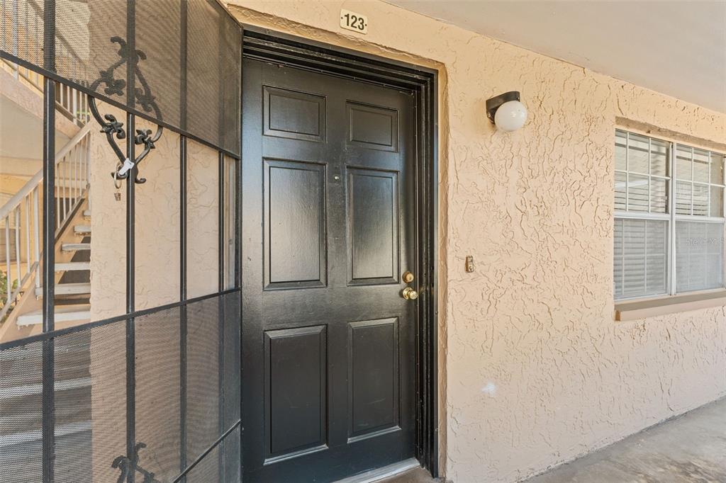 A black front door with the number 123 above it on a beige stucco building — 4724 MICHAEL COURT UNIT 123, TAMPA, FL