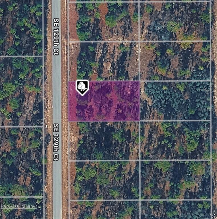 This is an aerial map view showing a highlighted rectangular plot of land — LOT 14 SE 129TH COURT, DUNNELLON, FL