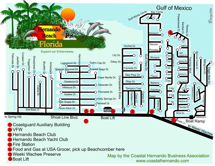 This is a map of the street layout and landmarks in Hernando Beach, Florida — 3240 SEA GRAPE DRIVE, HERNANDO BEACH, FL