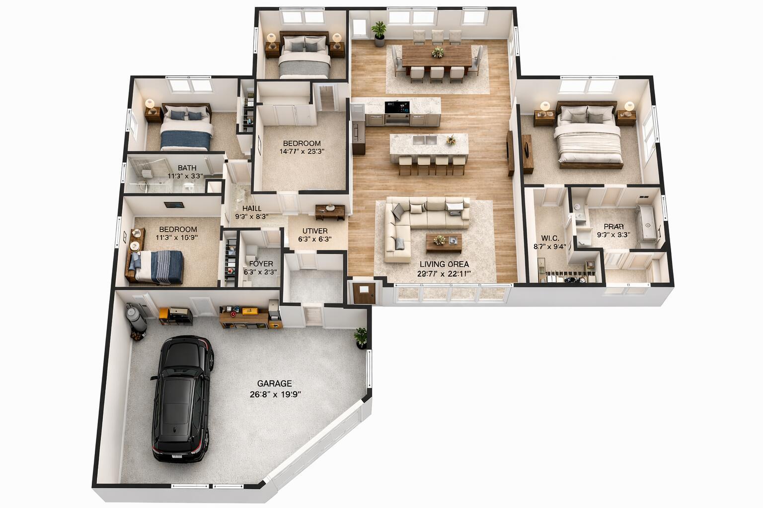This is a 3D floor plan rendering of a single-story house with a two-car garage — 320 Riverdale Road, Palm Springs FL 33461, PALM SPRINGS, FL