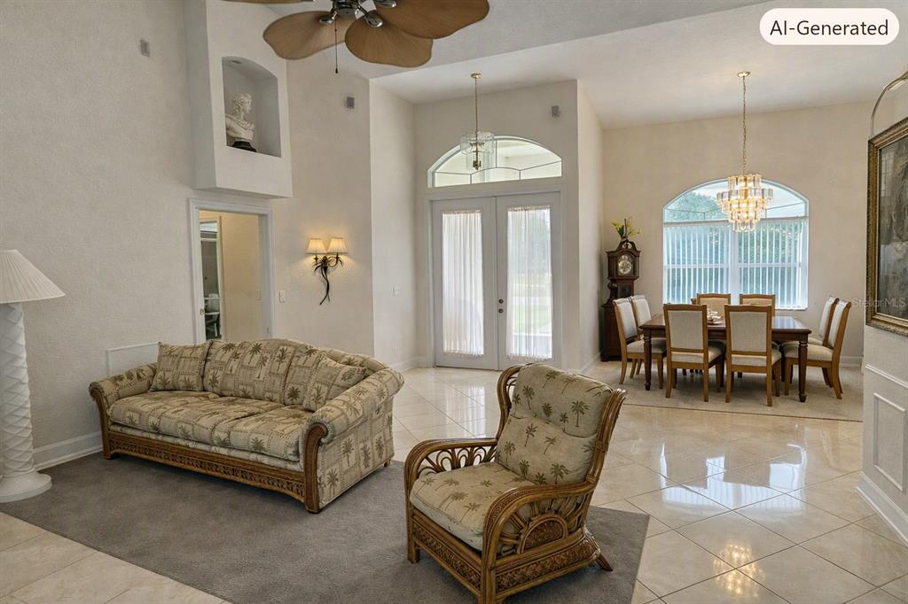 This AI-generated image shows a living and dining room with tiled floors and high ceilings — 430 CARTAGENA STREET, PUNTA GORDA, FL