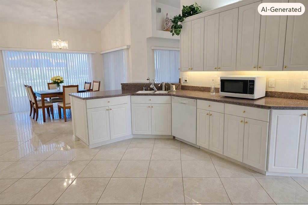 This AI-generated image shows a kitchen with white cabinets, granite countertops, and tile flooring — 430 CARTAGENA STREET, PUNTA GORDA, FL