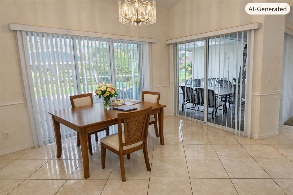 This dining area features tile flooring, a wooden table, and sliding glass doors to a patio — 430 CARTAGENA STREET, PUNTA GORDA, FL
