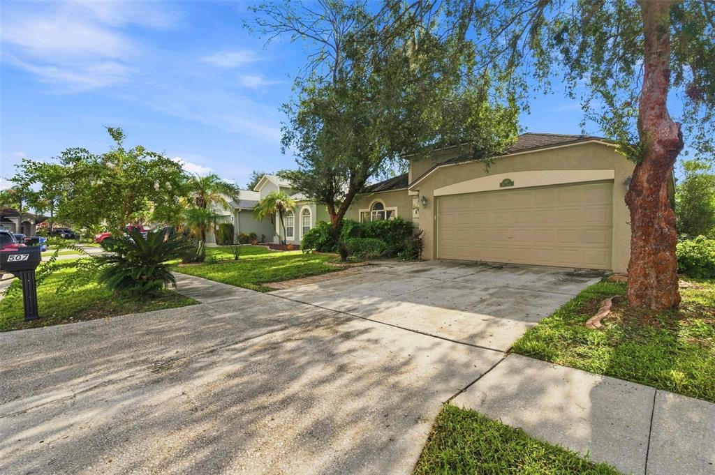A single-story house with a beige stucco exterior, a two-car garage, and a concrete driveway — 507 GREG STREET, VALRICO, FL