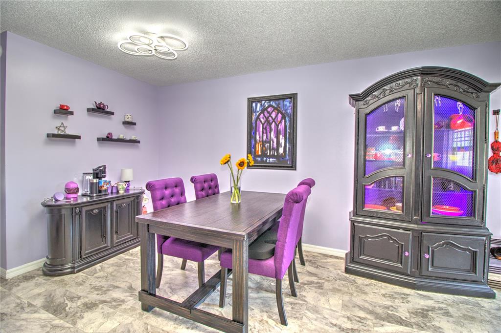A dining room features purple walls, a dark wood table with purple chairs, and a hutch — 1640 NE 40TH AVENUE UNIT 204, OCALA, FL