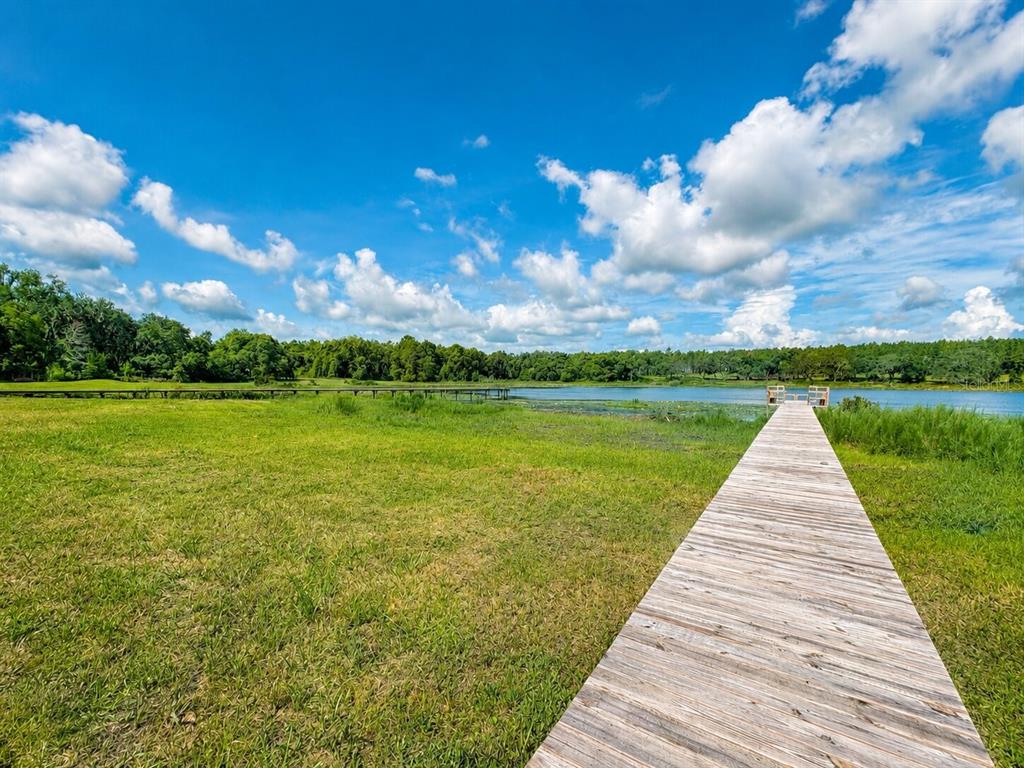 A wooden dock overlooks a lake filled with lily pads under a blue cloudy sky — 16758 SE 181ST TERRACE, WEIRSDALE, FL
