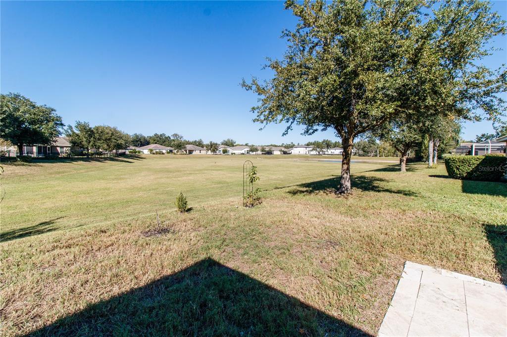 A grassy backyard overlooks a pond and a residential neighborhood under a clear blue sky — 13541 NITI DRIVE, HUDSON, FL