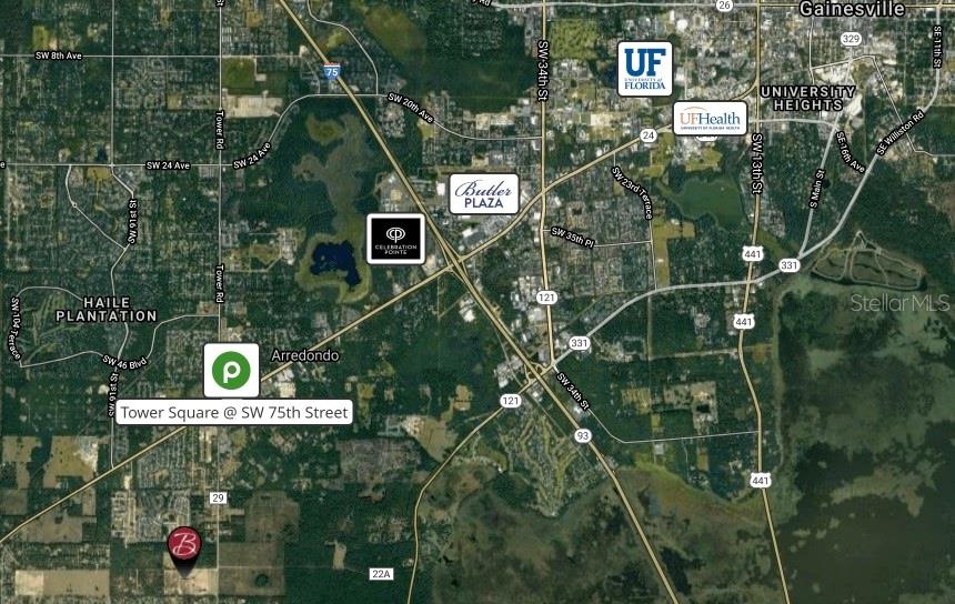 This is a map showing the location of a property relative to Gainesville landmarks — 8650 SW 75TH STREET, GAINESVILLE, FL