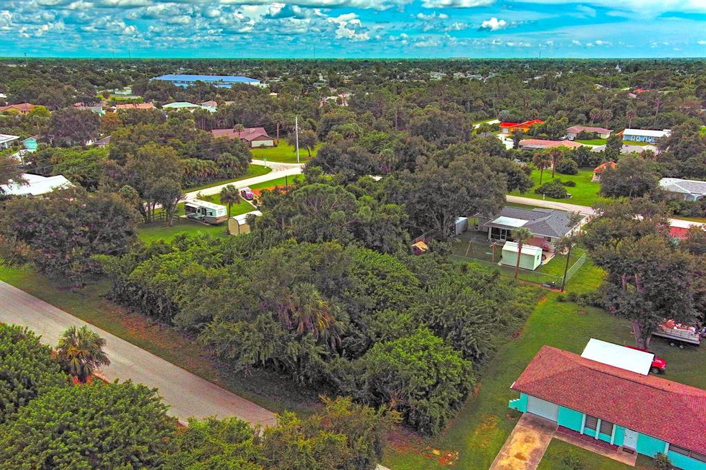 An aerial view shows a residential neighborhood with houses, dense trees, and a paved road — 21511 CARLETON AVENUE, PORT CHARLOTTE, FL