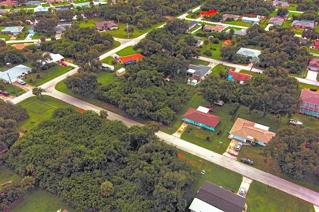 An aerial view shows a suburban neighborhood with houses, paved roads, and dense green trees — 21511 CARLETON AVENUE, PORT CHARLOTTE, FL