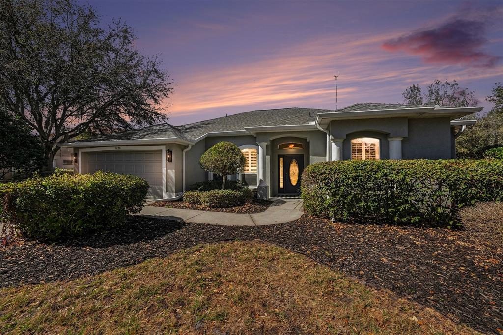 A single-story house with a gray exterior, a two-car garage, and a landscaped front yard — 12251 CREEK EDGE DRIVE, RIVERVIEW, FL
