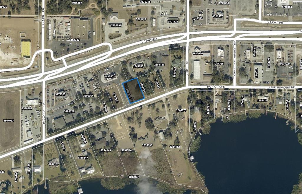 This is an aerial map showing a highlighted land parcel near a lake and highway — 15911 DORA AVENUE, TAVARES, FL