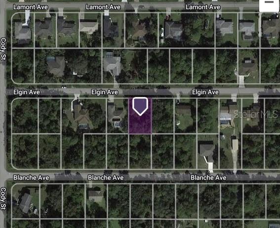 This is a satellite map view showing a vacant residential lot highlighted in purple — 18359 ELGIN AVENUE, PORT CHARLOTTE, FL