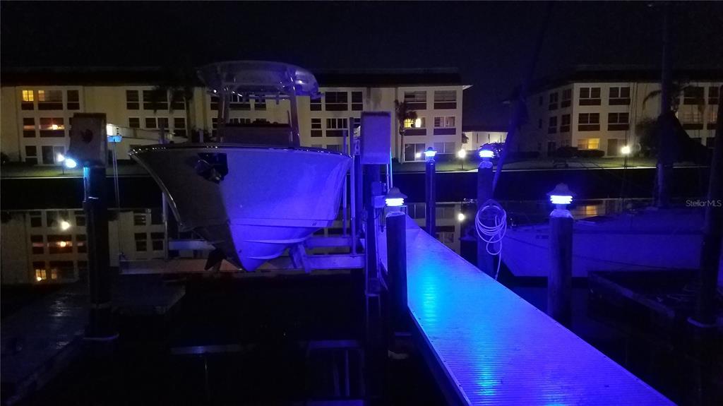 A boat is lifted on a dock at night, illuminated by blue lights — 4457 FLORAMAR TERRACE, NEW PORT RICHEY, FL