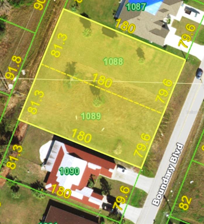 This is a map showing two adjacent vacant residential lots outlined in yellow — 279 BOUNDARY BOULEVARD, ROTONDA WEST, FL
