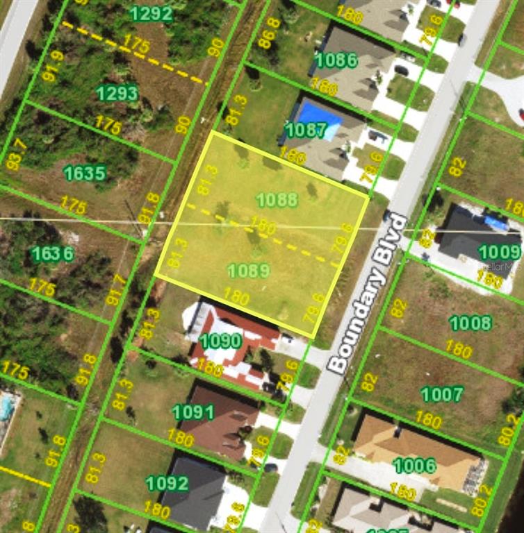 This is a map showing two adjacent vacant residential lots highlighted in yellow — 279 BOUNDARY BOULEVARD, ROTONDA WEST, FL