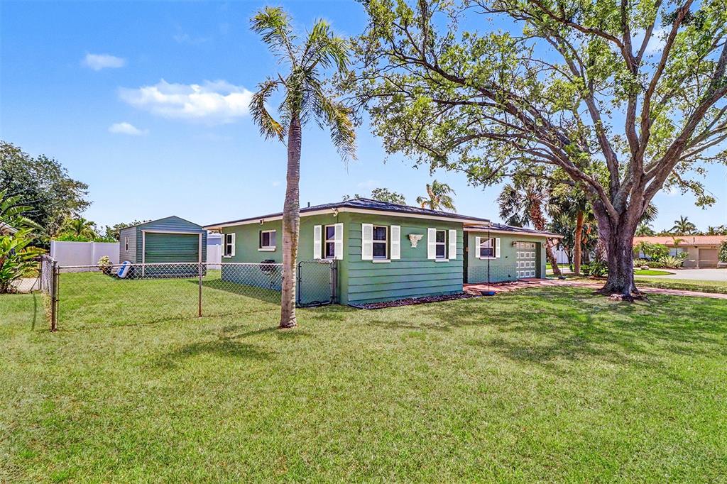 A green single-story house with a detached garage and a large tree in the yard — 7901 3RD STREET N, ST PETERSBURG, FL