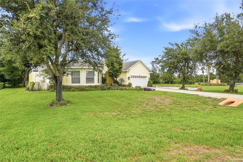 A yellow single-story house with a white garage sits on a large, grassy lawn — 19930 DOLORES ANN COURT, LUTZ, FL