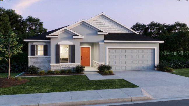 A digital rendering of a single-story suburban house with a gray exterior and orange door — 25647 PINE VALLEY DRIVE, SORRENTO, FL