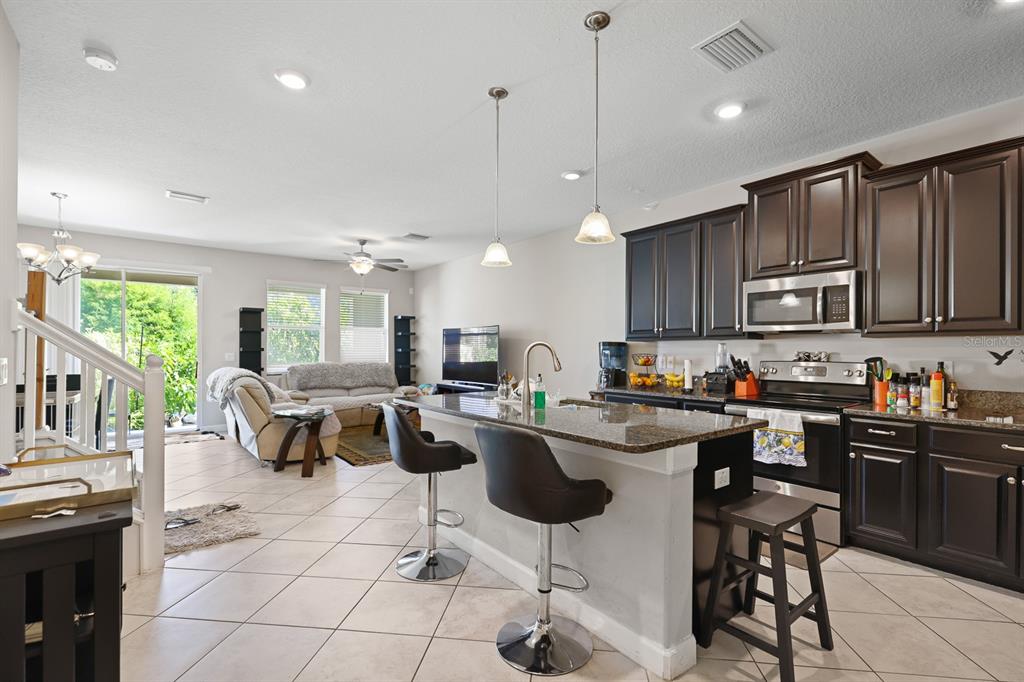 An open-concept kitchen with dark cabinets and a granite island overlooks a living area — 6629 ROCKY PARK STREET, TAMPA, FL