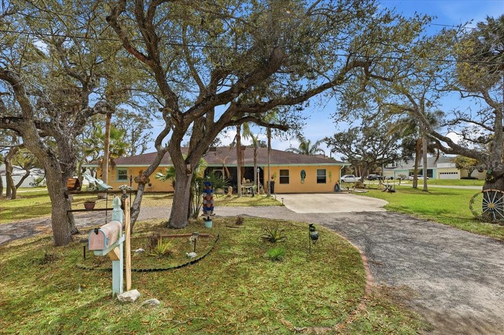 A single-story yellow house with a gravel driveway sits under large, mature oak trees — 411 S 19TH STREET, FLAGLER BEACH, FL