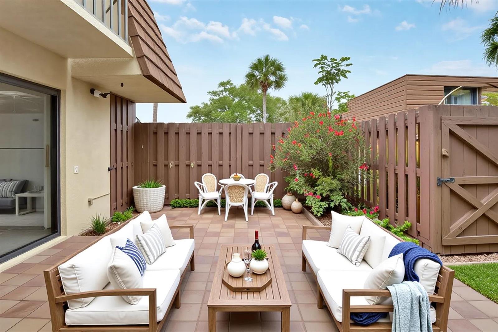 A furnished outdoor patio features two sofas, a dining set, and a wooden privacy fence — 825 Center Street # 49c, Jupiter FL 33458, JUPITER, FL