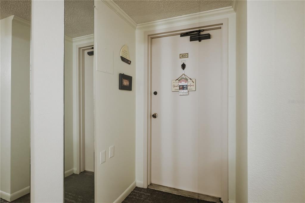 An interior entryway features a white door labeled 403, a wall mirror, and carpeted flooring — 800 S GULFVIEW BOULEVARD UNIT 403, CLEARWATER BEACH, FL