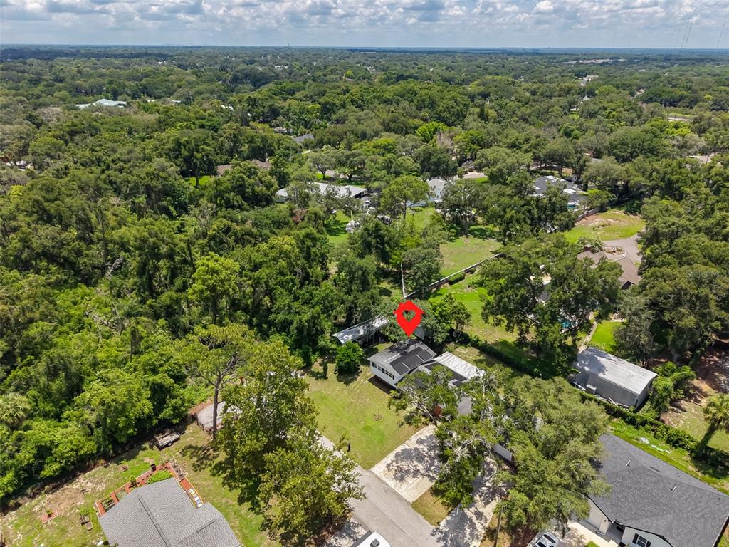 An aerial view shows a house with a red location pin surrounded by dense trees — 401 OVERLAND DRIVE, BRANDON, FL
