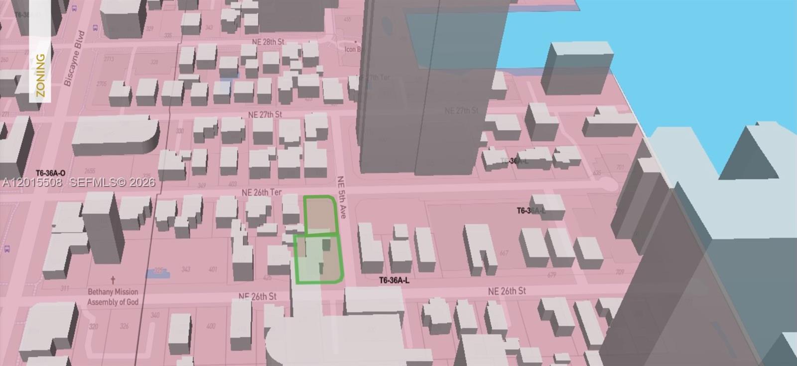 This is a 3D digital map rendering showing a highlighted property lot within a city block — 441 NE 26th St, Miami FL 33137, MIAMI, FL