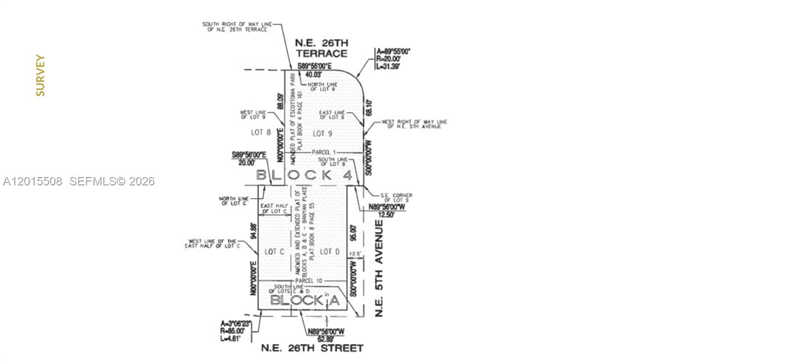 This image is a land survey map showing property boundaries and dimensions for two blocks — 441 NE 26th St, Miami FL 33137, MIAMI, FL