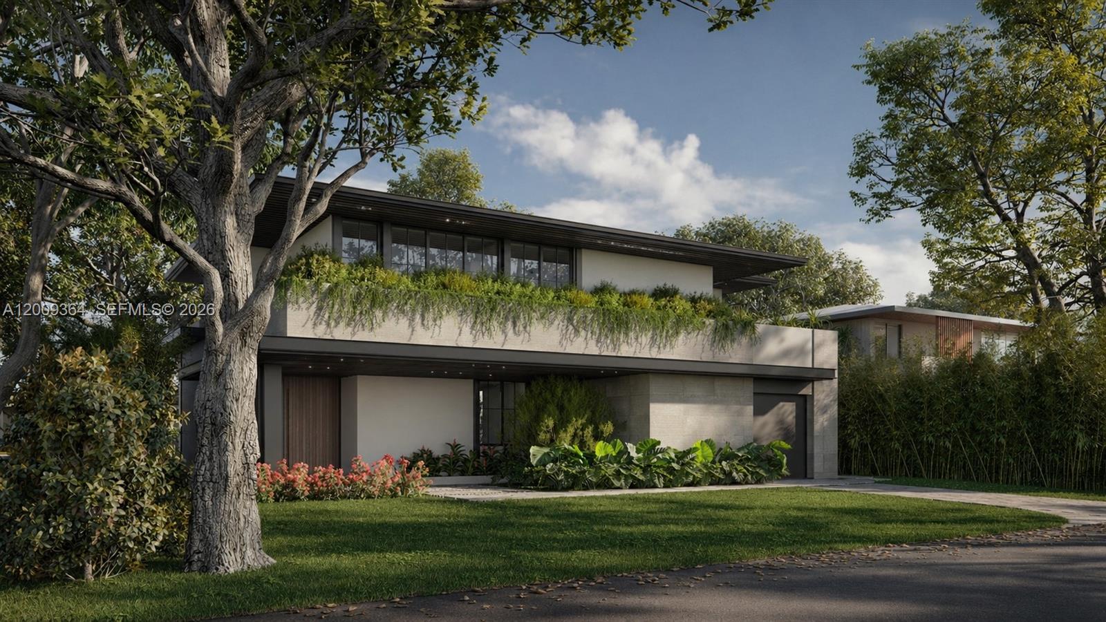 This is a rendering of a modern two-story house with a balcony garden and landscaping — 520 NE 53rd St, Miami FL 33137, MIAMI, FL