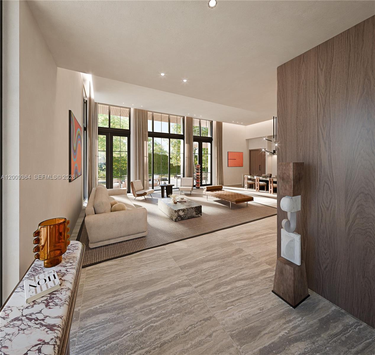 This rendering shows a modern, open-concept living room with high ceilings and large glass doors — 520 NE 53rd St, Miami FL 33137, MIAMI, FL