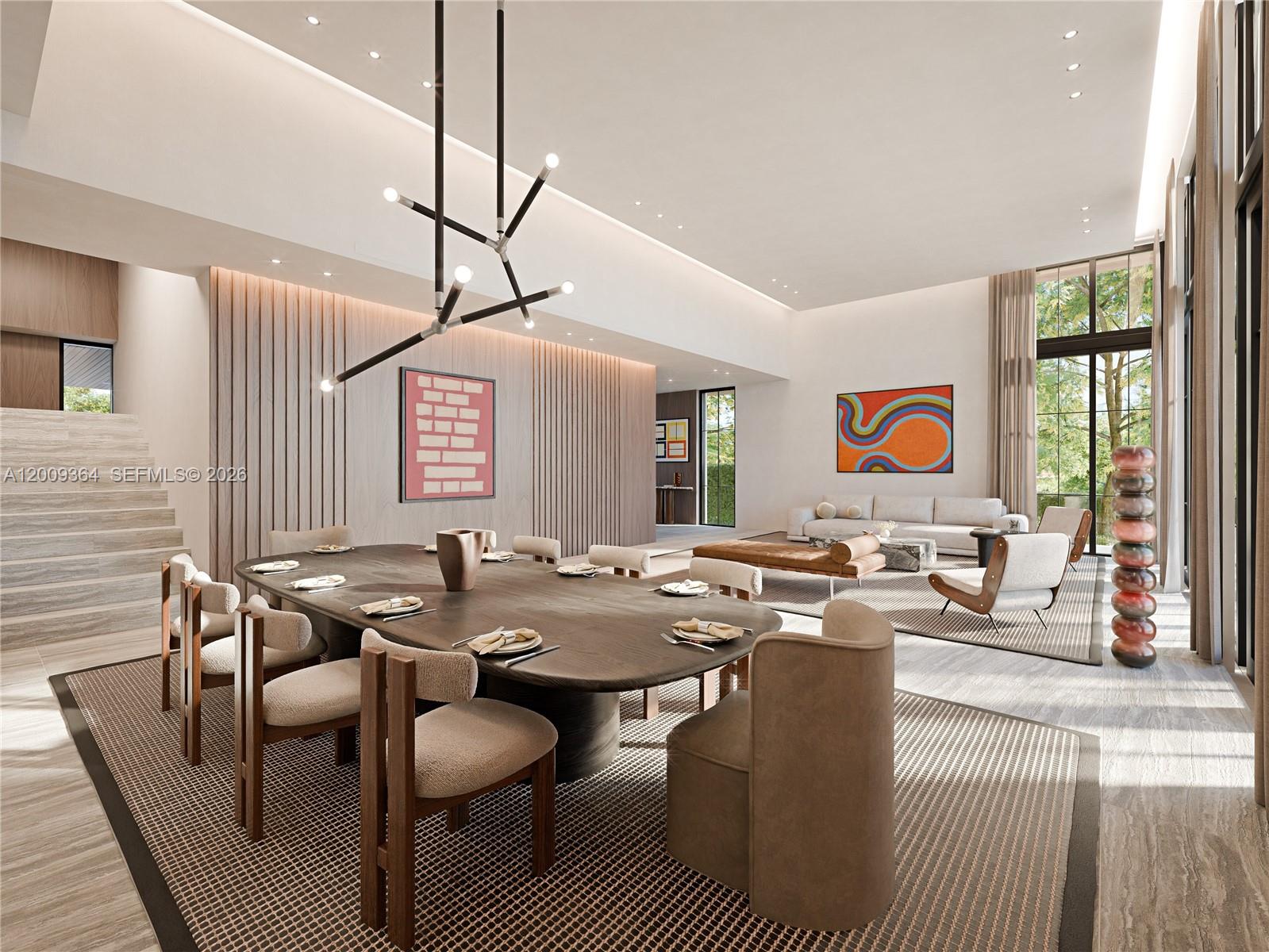 This rendering shows a modern open-concept dining and living area with wood-slat walls and stone flooring — 520 NE 53rd St, Miami FL 33137, MIAMI, FL