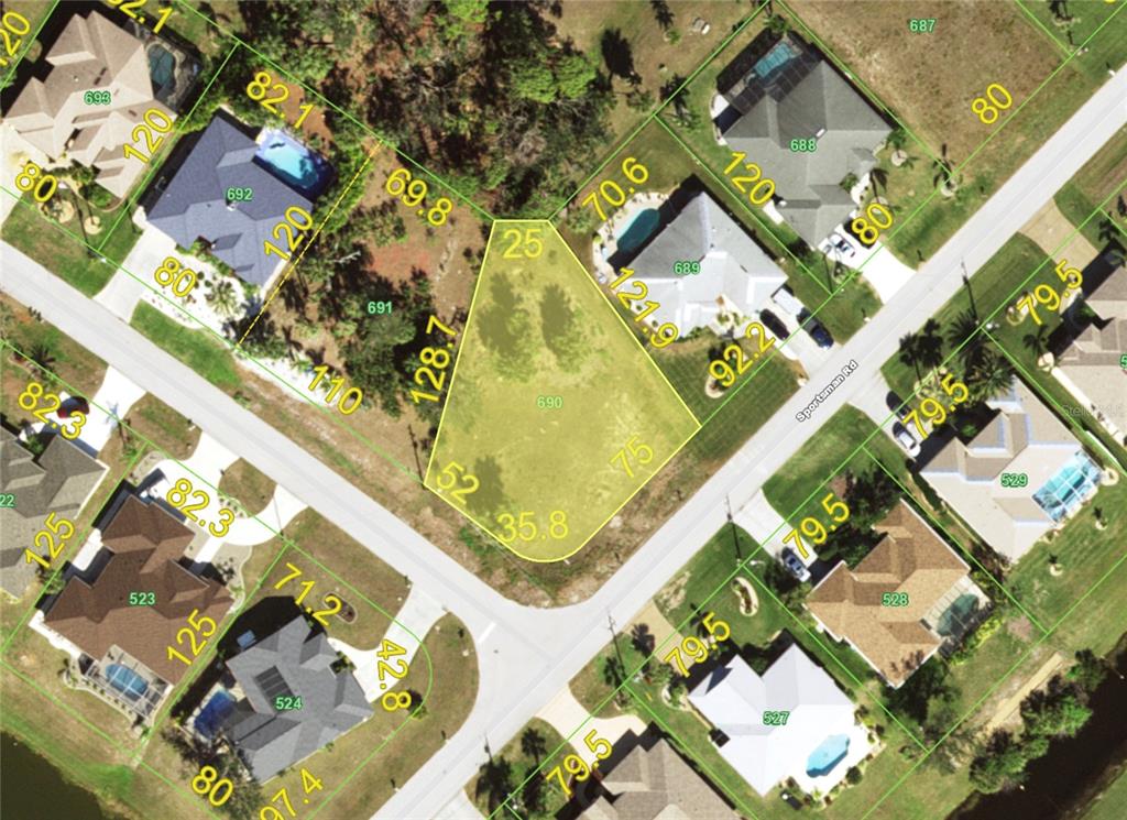 This is a satellite map view of a residential lot highlighted in yellow — 2 SPORTSMAN WAY, ROTONDA WEST, FL