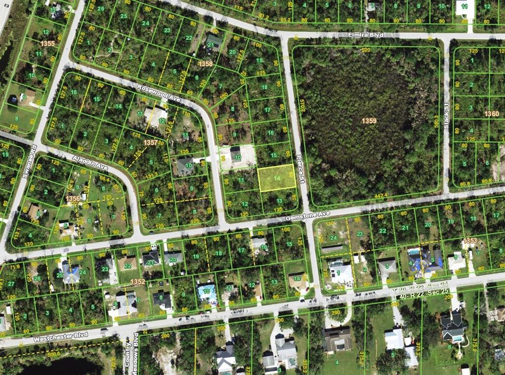 This is an aerial map showing residential lots, streets, and wooded areas — 3499 PIERCE STREET, PORT CHARLOTTE, FL