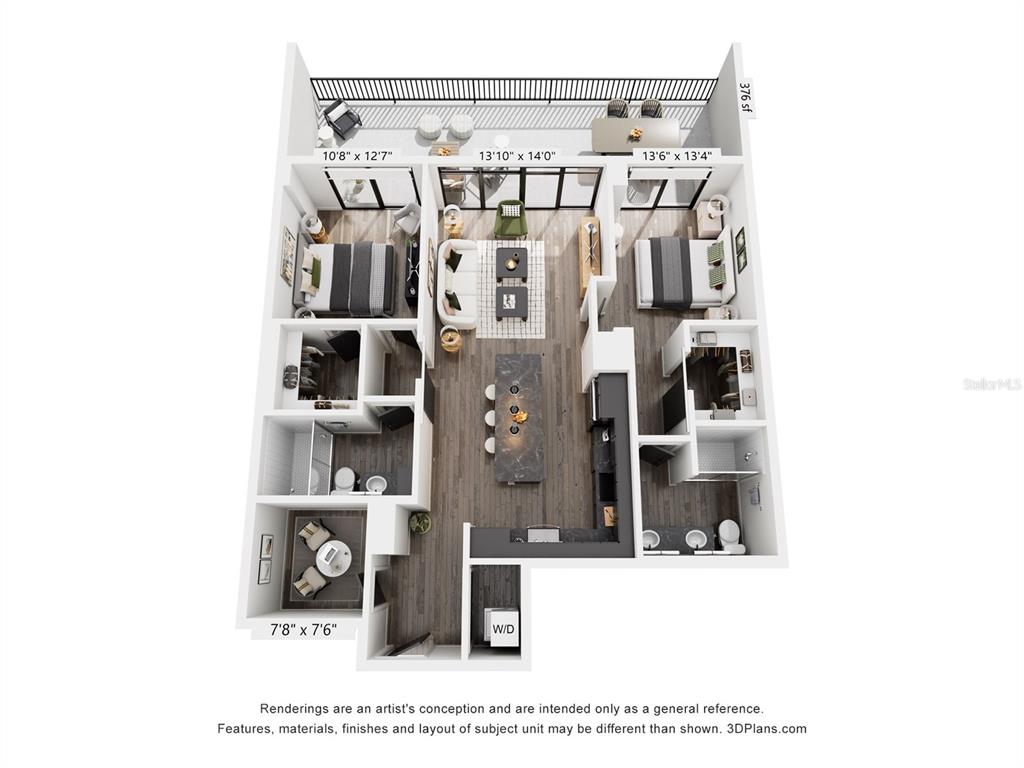 This is a 3D floor plan rendering of a two-bedroom apartment with a large balcony — 221 MAIN STREET N UNIT B3-716, ST PETERSBURG, FL