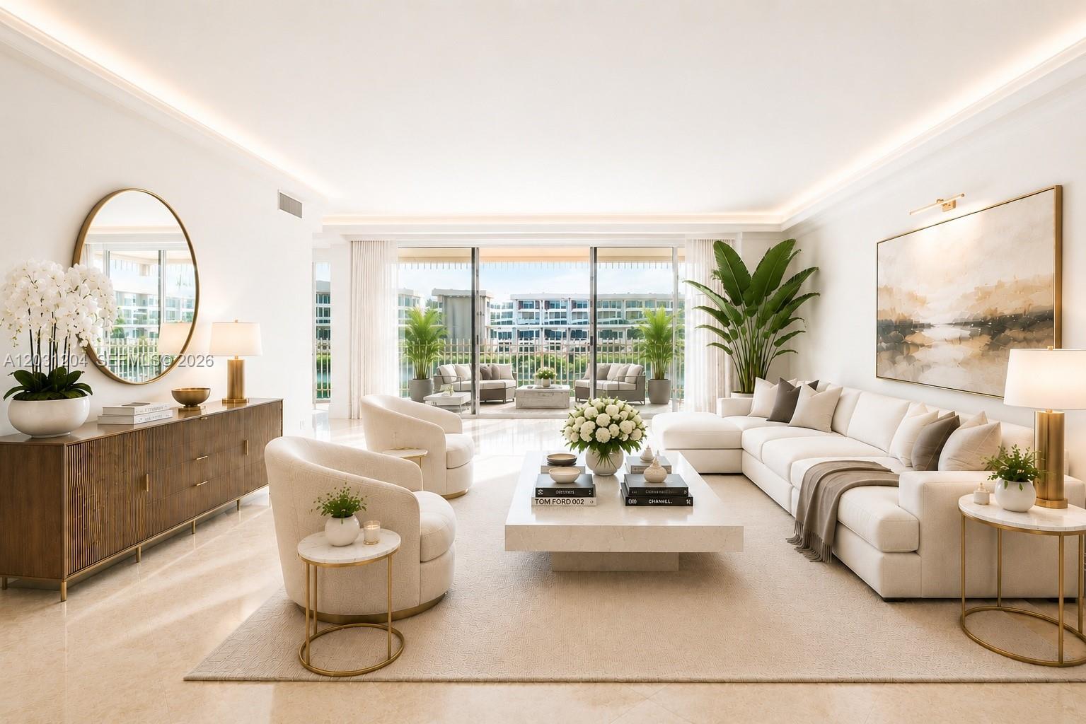 This is a rendering of a modern living room featuring white furniture and a balcony view — 3 Grove Isle Dr # C605, Miami FL 33133, MIAMI, FL
