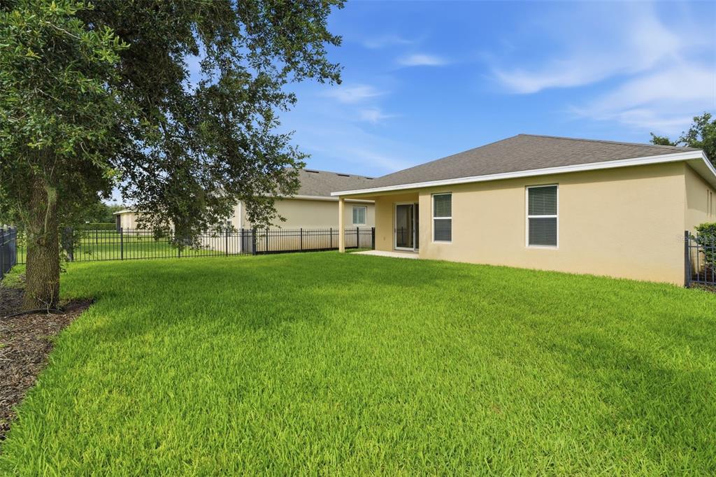 The backyard of a house features a green lawn, a patio, and a black fence — 315 W FREESIA COURT, DELAND, FL