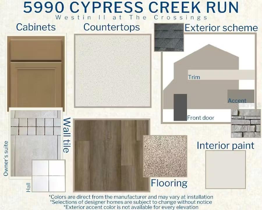 This design board displays material samples for home finishes, including cabinetry, countertops, flooring, and exterior colors — 5990 FRESHWATER CANYON DRIVE, ST CLOUD, FL