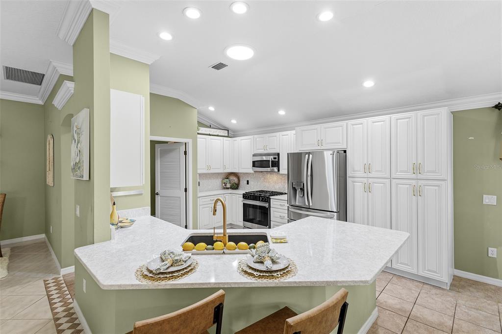 A kitchen features white cabinetry, stainless steel appliances, and a large, angled granite-topped island — 1527 GOLDEN RIDGE DRIVE, THE VILLAGES, FL